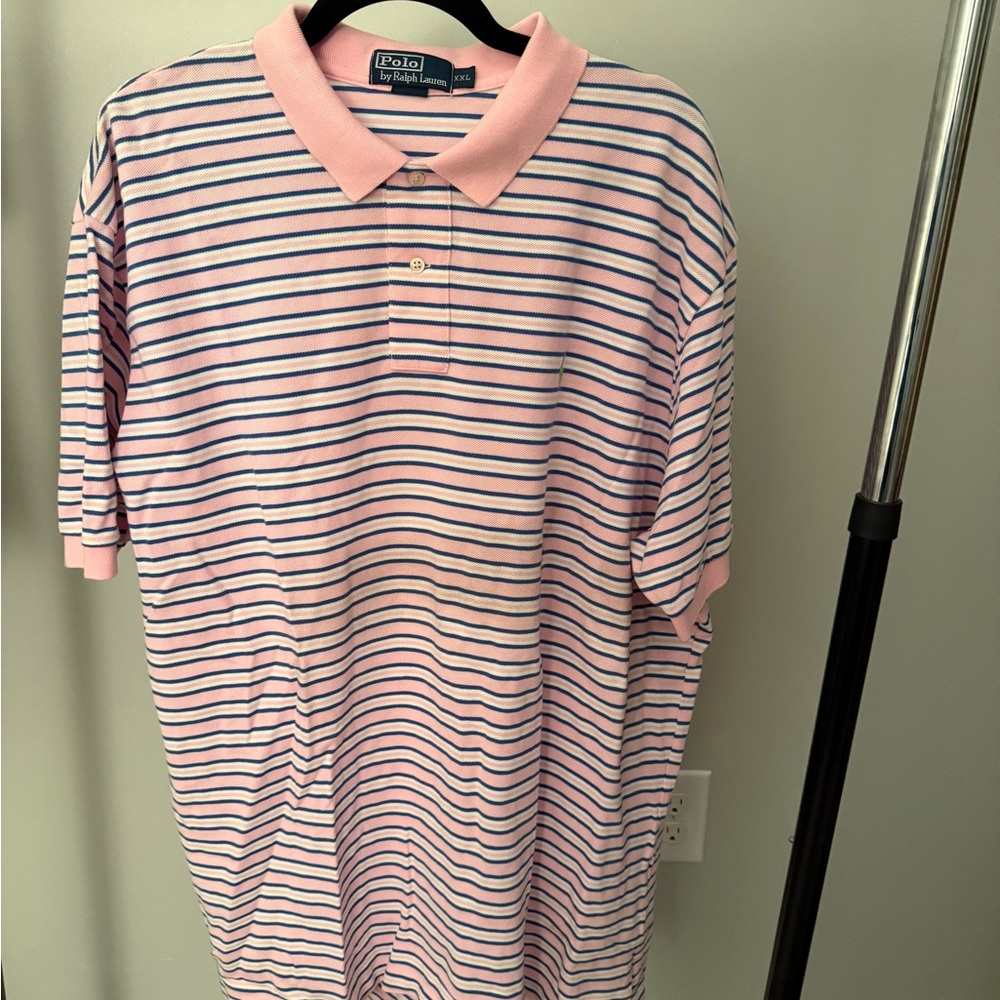 Polo Ralph Lauren Classic Pink w Blue/white stripes XXL Short Sleeve Collared